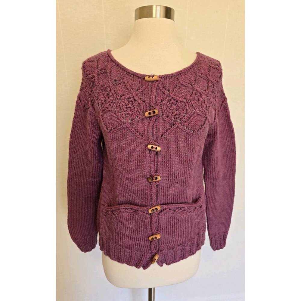 Womens Vintage Handmade Cardigan Sweater Wood Toggle Buttons Purple
